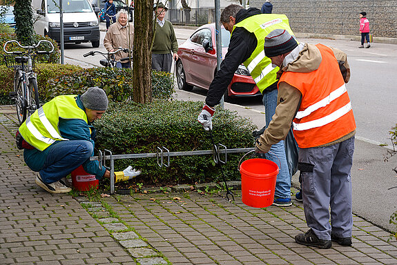 Mit Teamarbeit lassen sich selbst dicht verzweigte Gebüsche und enge Pflasterstein-Fugen vom Müll befreien. (Foto: Stadt Freising)