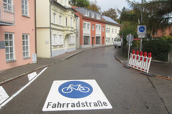 Straße mit Häusern auf der linken und Büschen rechts. Auf der Straße ein großes Piktogramm in weiß mit blauem Fahrradsymbol und "Fahrradstraße"