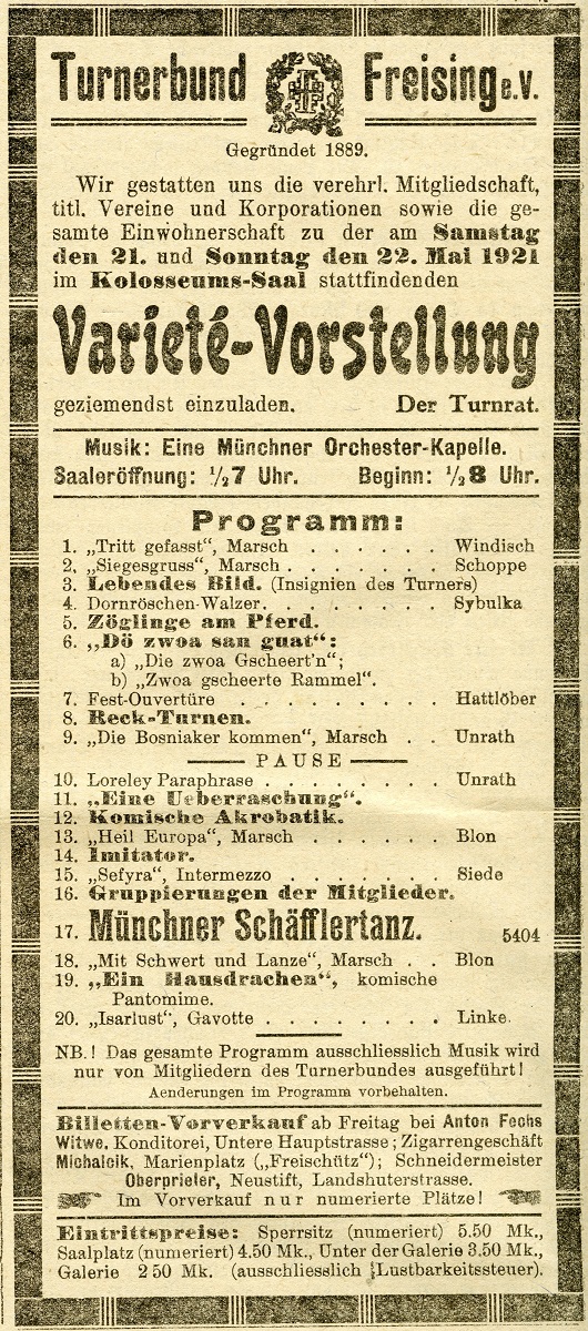 Das Programm des Turnerbund-Varietés im Freisinger Tagblatt vom 20. Mai 1921 (Stadtarchiv Freising, Zeitungssammlung).