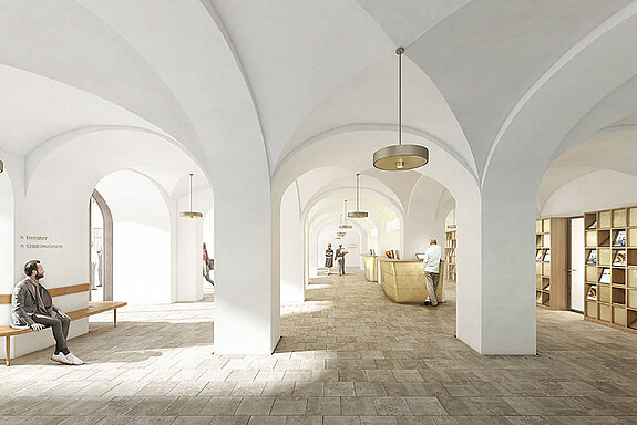 Großzügig und hell wird sich das große Eingangsfoyer präsentieren, in dem Touristinfo, Theaterkasse und Garderobe untergebracht sind. (Konzept Illustration: Architekten Wollmann & Mang, Visualisierung: Jonas Bloch)
