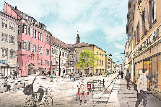 Neugestaltung der Unteren Hauptstraße zwischen Ziegel- und Amtsgerichtsgasse: Eine Illustration zeigt, wie der Bereich aussehen soll. (Plangrundlage: ST raum a., Visualisierung: landstrich.eu)