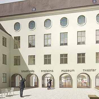 Der Innenhof des Asamgebäudes mit Eingang zur Touristinfo. (Konzept Illustration: Architekten Wollmann & Mang, Visualisierung: Jonas Bloch)