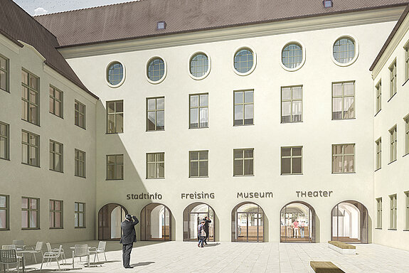 Der Innenhof des Asamgebäudes mit Eingang zur Touristinfo. (Konzept Illustration: Architekten Wollmann & Mang, Visualisierung: Jonas Bloch)