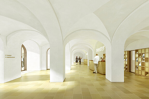 So wird die neue Theaterkasse mit Garderobe im Erdgeschoss des Asamgebäudes das Publikum empfangen. (Konzept Illustration: Architekten Willmann & Mang, Visualisierung: Jonas Bloch)