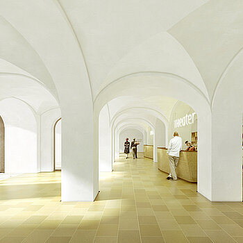 So wird die neue Theaterkasse mit Garderobe im Erdgeschoss des Asamgebäudes das Publikum empfangen. (Konzept Illustration: Architekten Willmann & Mang, Visualisierung: Jonas Bloch)