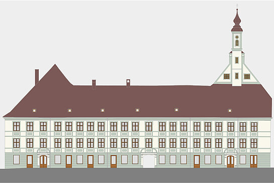 Rekonstruktion der Nordfassade (am Marienplatz) des Asamgebäudes. (Planung: Architekten Wollmann & Mang BDA)