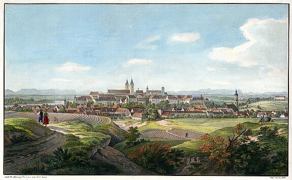 Lithographie der nördlichen Freisinger Stadtansicht von Gustav Wilhelm Kraus (um 1828).