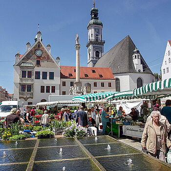 Stimmungsbild vom "Grünen Markt" auf dem Marienplatz mit Brunnen im Vordergrund.