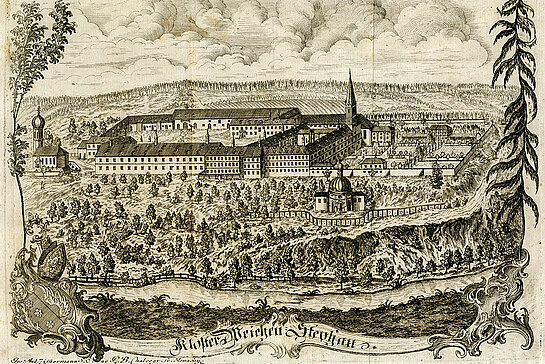 Der Kupferstich des Klosters Weihenstephan mit der Korbinianskapelle am Südhang. 