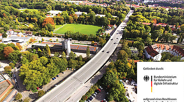 Am 22. November 2021 beginnen erste Vorarbeiten, saniert und verbreitert werden die Brückenkappen von Hochtrasse und Luitpoldbrücke 2022 und 2023. (Drohnenbild: Wadle Bau)