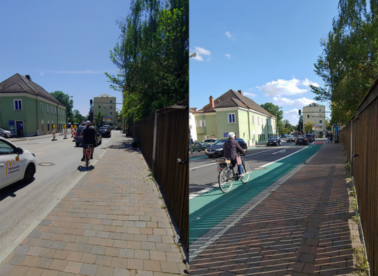 Öffnet ein Bild mit einem Vorher-Nachher-Vergleich der Wippenhauser Straße in Richtung Karlwirtkreuzung