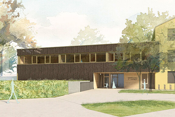 Ansicht des Erweiterungsbaus für die Grundschule St. Lantbert in Lerchenfeld. (Illustration: Hrycyk Architekten)