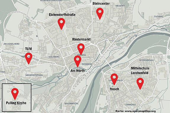 Karte mit den Standorten: Im Stadtgebiet Freising gibt es acht Stationen mit jeweils zwei Lastenrädern.