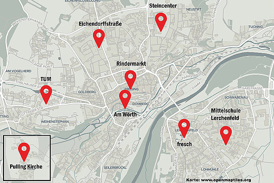 Karte mit den Standorten: Im Stadtgebiet Freising gibt es acht Stationen mit jeweils zwei Lastenrädern.
