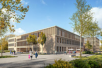 Das Foto zeigt eine Visualisierung der neuen Schule aus südwestlicher Perspektive.