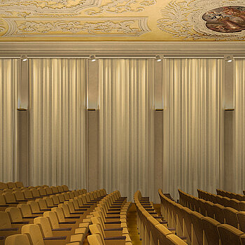 Noch ist es eine Illustration: Blick auf die Stuhlreihen im künftigen Asamsaal. (Lichtplanung: Lichtlauf, Architekten: Wollmann und Mang, Bildbearbeitung: Nora Walter images)