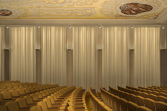 Noch ist es eine Illustration: Blick auf die Stuhlreihen im künftigen Asamsaal. (Lichtplanung: Lichtlauf, Architekten: Wollmann und Mang, Bildbearbeitung: Nora Walter images)