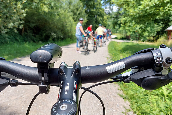 Ein Fahrradlenker im Vordergrund. Im Hintergrund sind auf einer Forsttraße mehrere Radler zu sehen.