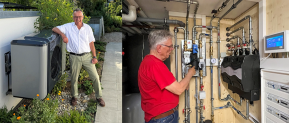 Rainer Teschner und Gerhard Scholz erklären die Funktion der Wärmepumpe: Foto: Agenda21 Energie und Klima ein zweigeteiltes Foto: rechts ein Mann im roten Hemd im Keller an einer Heizungsanlage. Links ein Mann im weißen Hemd neben einer Wärmepumpe im Garten