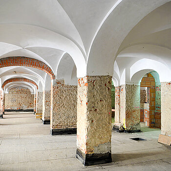 Das künftige Eingangsfoyer des Asamgebäudes mit dem wunderschönen Kreuzgewölbe. (Foto: Stadt Freising)