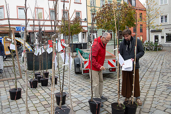 Florian Rüger vom Stadtplanungsamt (rechts) unterstützte bei der Auswahl des Obstbaumes. (Foto: Stadt Freising)