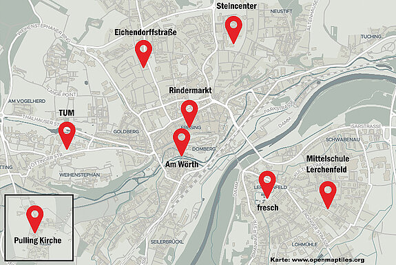 Überblick der acht Mietlastenrad-Stationen im Stadtgebiet Freising. 