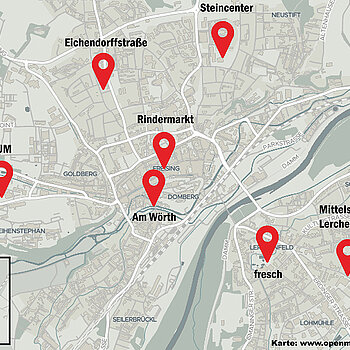 Überblick der acht Mietlastenrad-Stationen im Stadtgebiet Freising. 