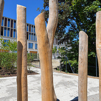 Fangen spielen oder einfach zwischen den Stangen herumtoben? Die Holzelemente lassen den Grundschüler*innen verschiedene Möglichkeiten zum Spielen. (Foto: Stadt Freising)