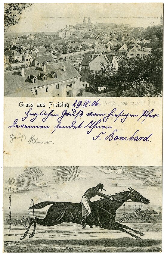 Postkarte vom Freisinger Pferderennen von 1906.