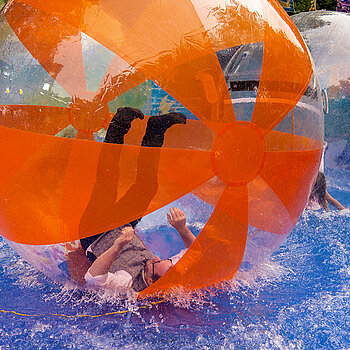 Wer sich schwungvoll in den Plastikball plumpsen lässt, .... (Foto: Stadt Freising)