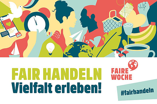 Buntes Logo mit dem Motto: Fair handlen, Vielfalt erleben!
