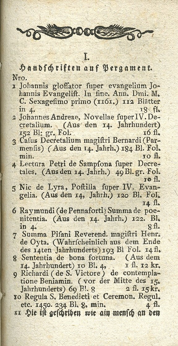 Erste Seite von Joseph Mozlers 59. Verkaufskatalog, der 1806 erschienen ist; hier sind selte-ne Pergamenthandschriften aufgeführt, die vorwiegend auf die Bibliotheksbestände aufge-löster Klöster zurückgehen dürften (Stadtarchiv Freising, Druckschriftensammlung, Rariora).