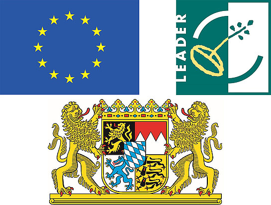 Logos der Förderer des Isarstegs (im Uhrzeigersinn): Europäische Union, LEADER und Bayerisches Landwirtschaftsministerium.