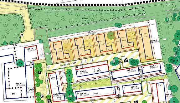 Ausschnitt aus dem Bebauungsplan „General-von Stein-Kaserne“ mit den orange eingefärbten Grundstücken für genossenschaftliches Wohnen.