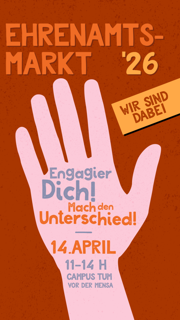 Plakat Ehrenamtsmarkt am Campus 2026 Ein Plakat in rot- und orange-Tönen, mkit einer großen Hand und dem Motto: Engagier Dich!