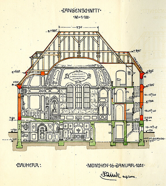 Längsschnitt der geplanten Gruftkapelle der Familie Schlüter von 1921.