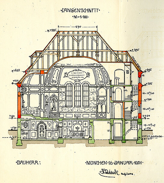 Längsschnitt der geplanten Gruftkapelle der Familie Schlüter von 1921.