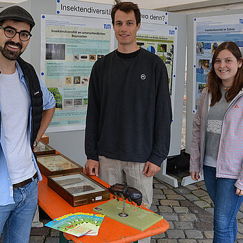 Student*innen der TU München informieren die Besucher*innen über Insektendiversität am Beispiel des Borkenkäfers. (Foto: Stadt Freising)