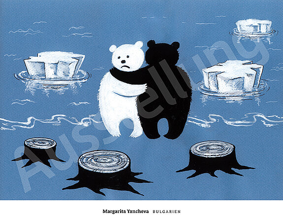Ein Eisbär und ein Braunbär nehmen sich tröstend in den Arm. Der Eisbär bedauert die abgeschnittenen Bäume, der Braunbär die wenigen Eisschollen.