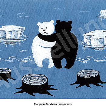 Ein Eisbär und ein Braunbär nehmen sich tröstend in den Arm. Der Eisbär bedauert die abgeschnittenen Bäume, der Braunbär die wenigen Eisschollen.