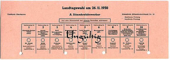 Stimmzettel zur Landtagswahl am 26.11.1950 für den Stadt- und Landkreis Freising.