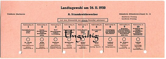 Stimmzettel zur Landtagswahl am 26.11.1950 für den Stadt- und Landkreis Freising.
