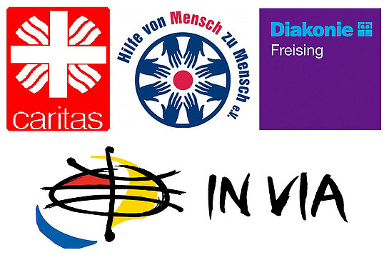 Das Bild zeigt die Logos der Migrationsberatungsstellen in Freising.