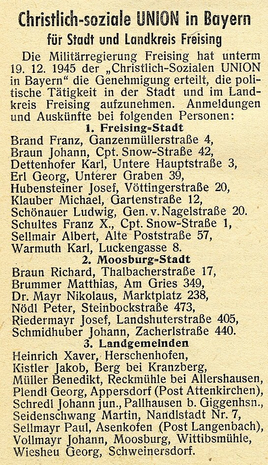 In der Ausgabe vom 20.12.1945 der „Bekanntmachungen für Stadt und Kreis Freising“ wird die Zulassung der CSU Freising durch die US-Militärregierung veröffentlicht (Stadtarchiv Freising).
