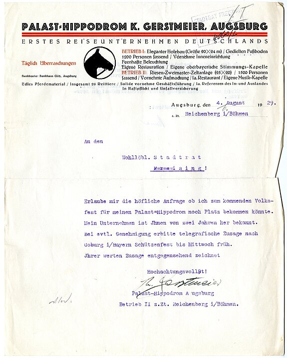 Bewerbungsschreiben des Schaustellers Kaspar Gerstmeier für das erste Freisinger Volksfest aus dem Jahr 1929.