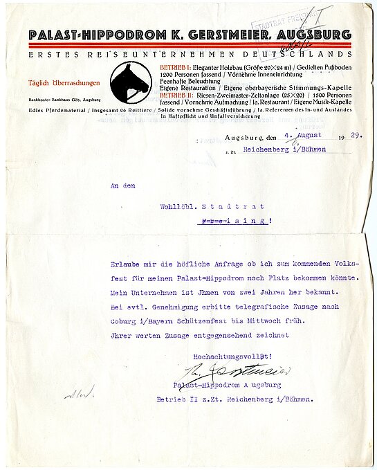 Bewerbungsschreiben des Schaustellers Kaspar Gerstmeier für das erste Freisinger Volksfest aus dem Jahr 1929.