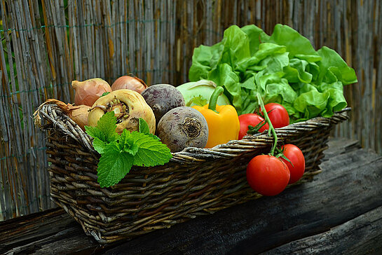 Ein rechteckiger Korb mit Gemüse und Salat vor einer Holzwand