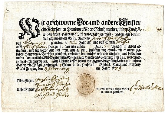 Handwerksbrief für den Schuhmachergesellen Joseph Schaffstaller aus dem Jahr 1773.