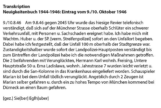 Transkription des Eintrags im Neuigkeiten-Buch.
