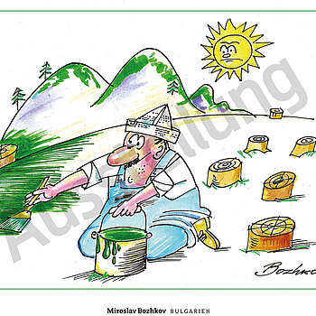 Cartoon: Ein Mann pinselt neben Baumstümpfen den Boden grün an. Missmutig beobachtet von der Sonne